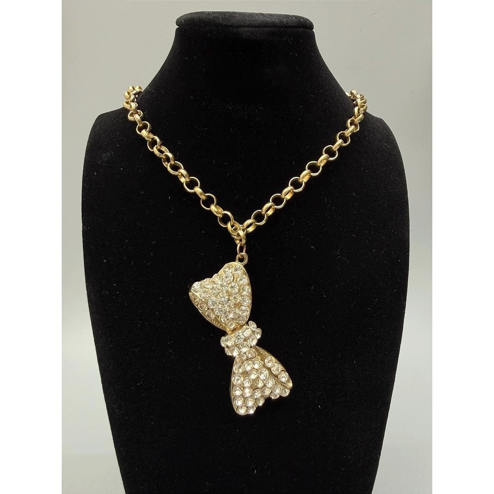 Vintage‎ Gold Tone Necklace 33" White Rhinestone Bow Long Cable Chain Unsigned